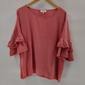 Umgee + Pink Cotton Top Size XL Ruffle Short Sleeve Frayed Hem Throughout